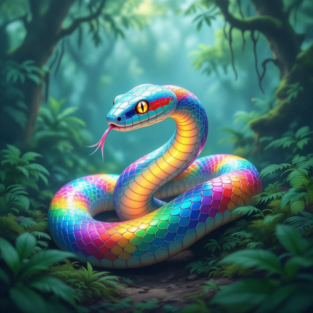 Rainbow Snake in Lush Forest, Psychedelic Pop Art