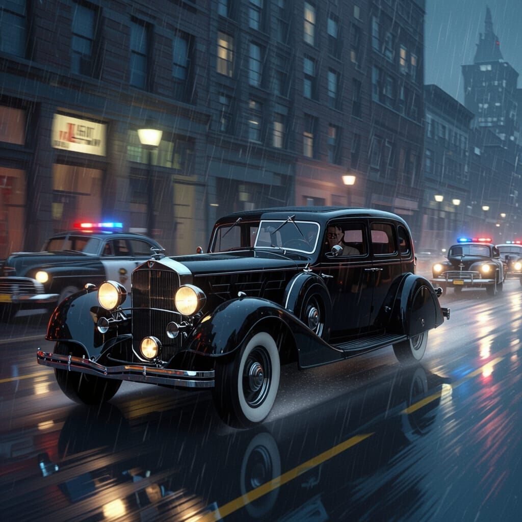 1930s Gangster Car Chase in Film Noir Style