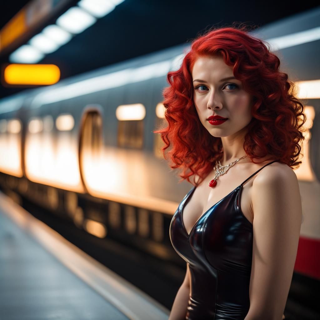 Redhead in Red Latex Awaits Bullet Train