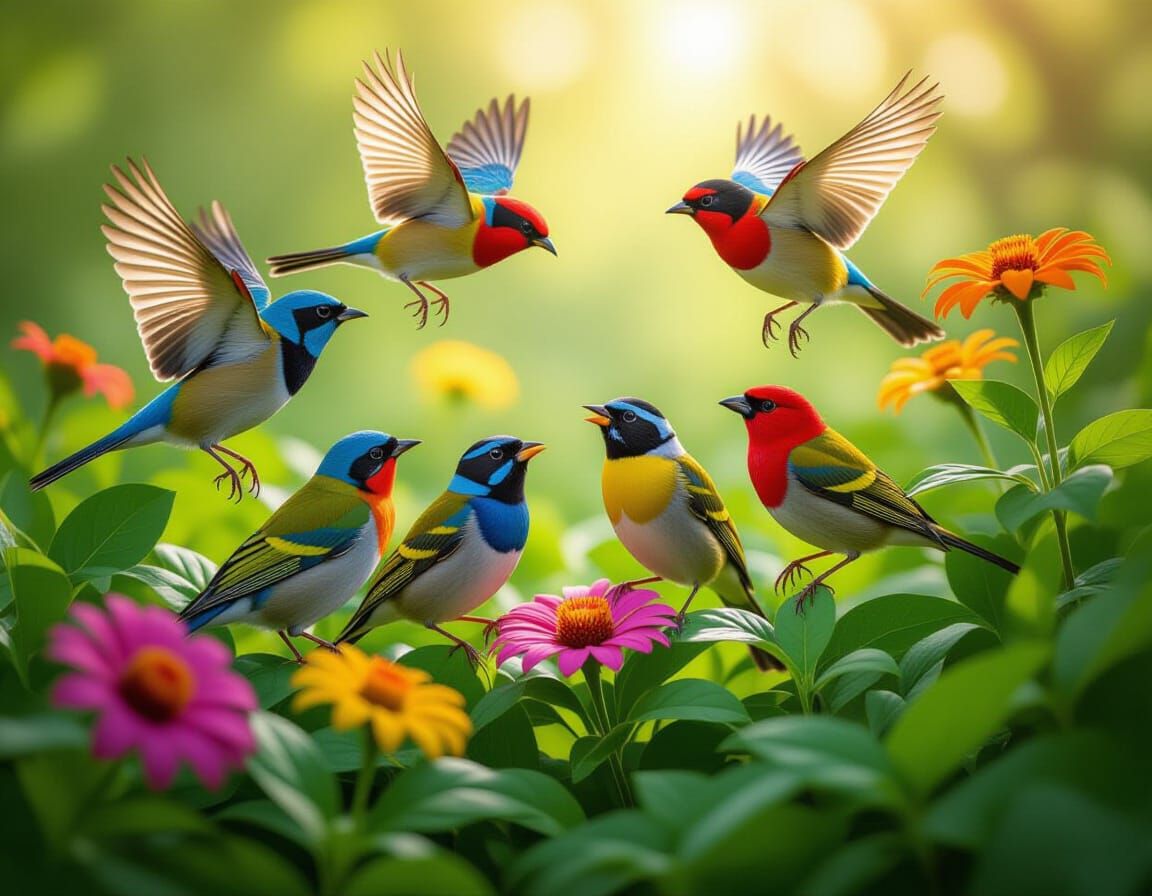 Vibrant Birds Play in Lush Nature