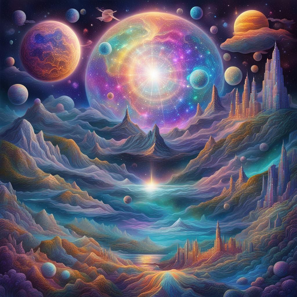 Iridescent Cosmic World, Mixed Media Illustration