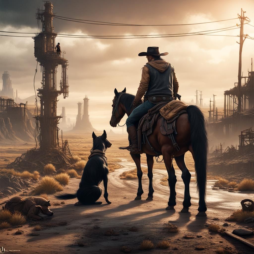 Post-Apocalyptic Cowboy Journey on Highway