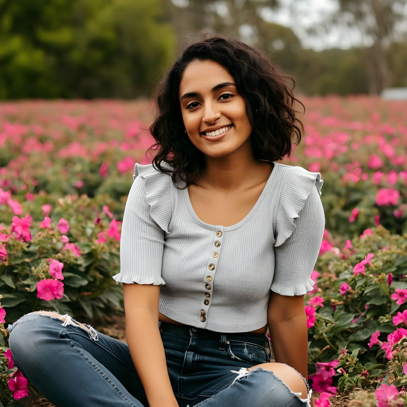 Young Woman Surrounded by Vibrant Pink Blooms in a Lush Outd...