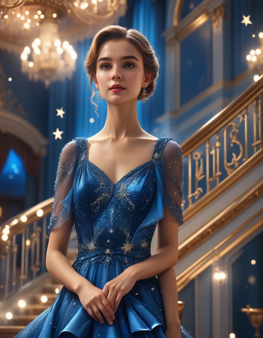 Elegant Woman in Star Dress on Ballroom Staircase