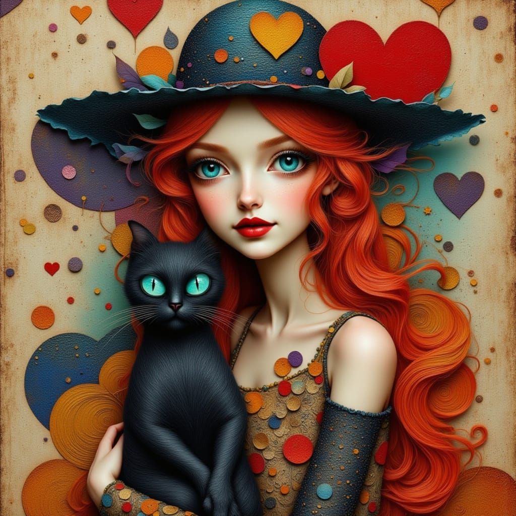 Whimsical Portrait of Woman with Red-Gold Hair & Cat