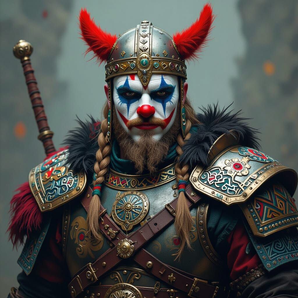Viking Warrior with Clown Paint in Hyperrealistic Style