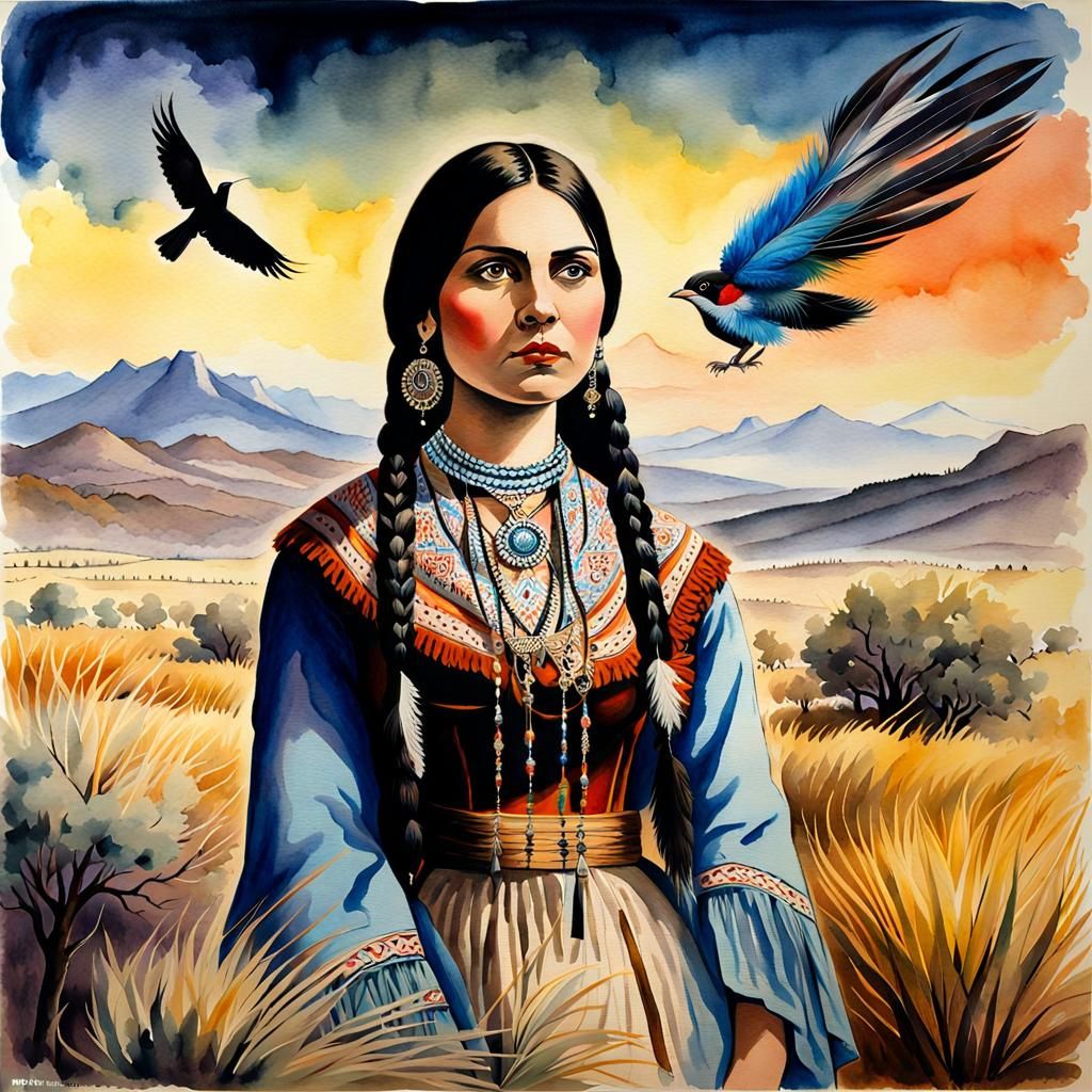 Olive Oatman in Watercolor Plains Landscape