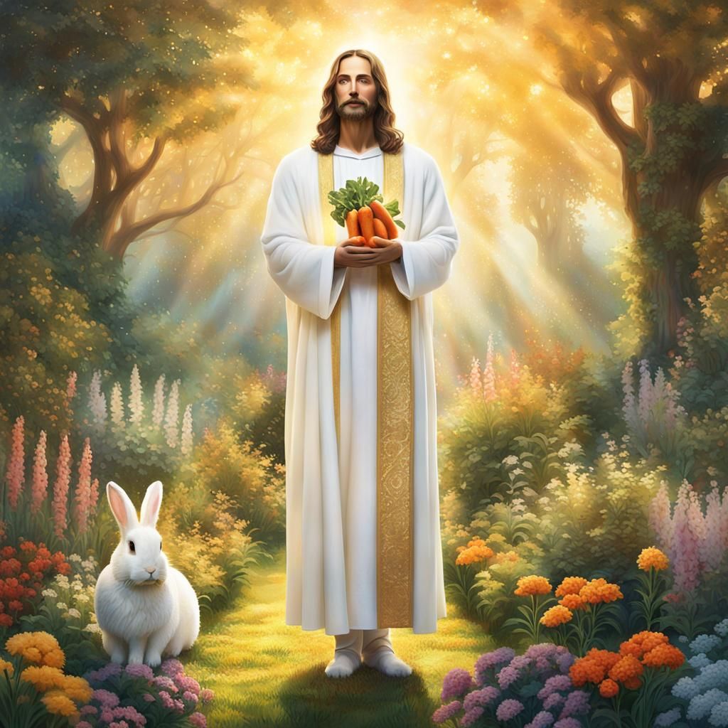 Surreal Jesus in Bunny Costume Stands in Lush Garden