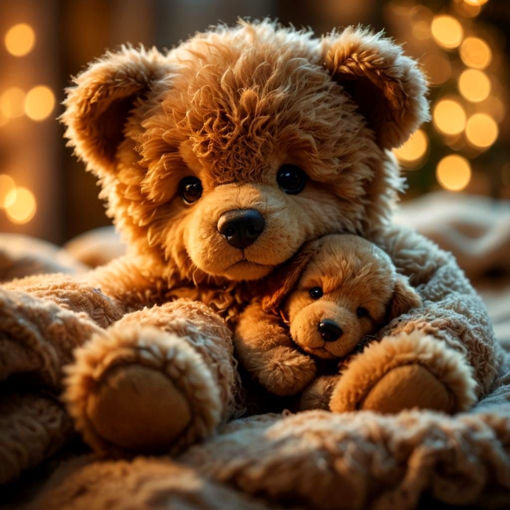 Teddy Bear and Puppy in Dreamlike Oil Painting