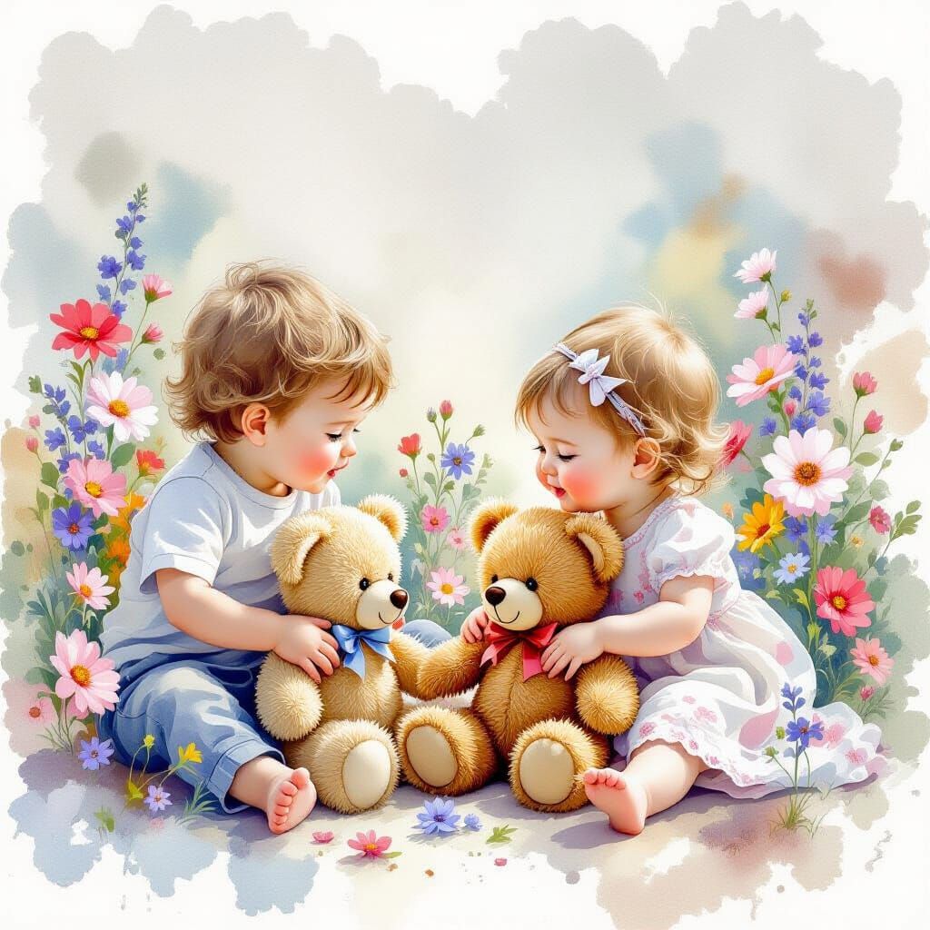 Ethereal Watercolour of Siblings Playing with Teddy Bears