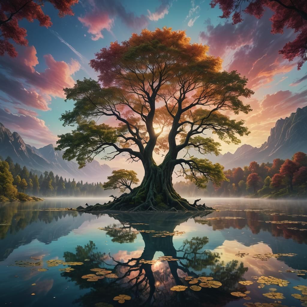 Serene Lake Reflects Majestic Tree: Matte Painting