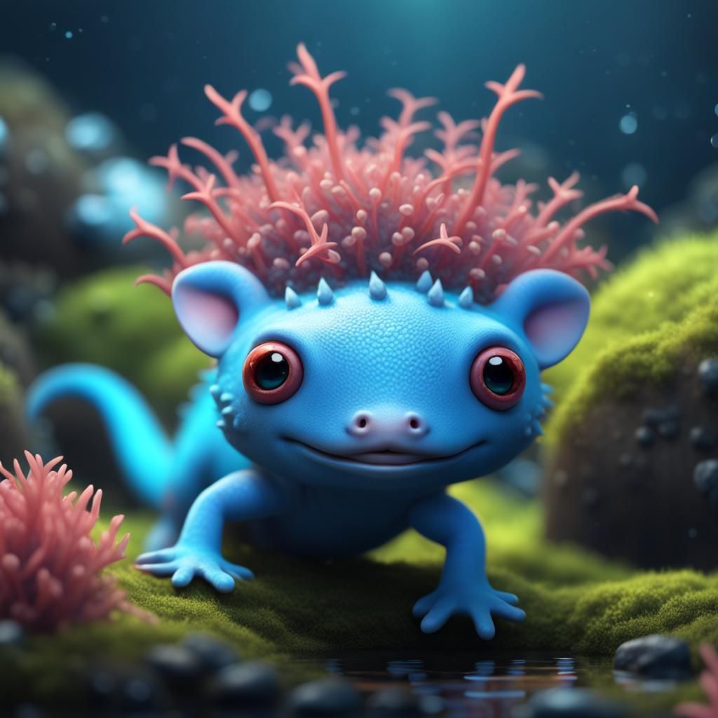 Cute Blue Axolotl Fantasy Concept Art