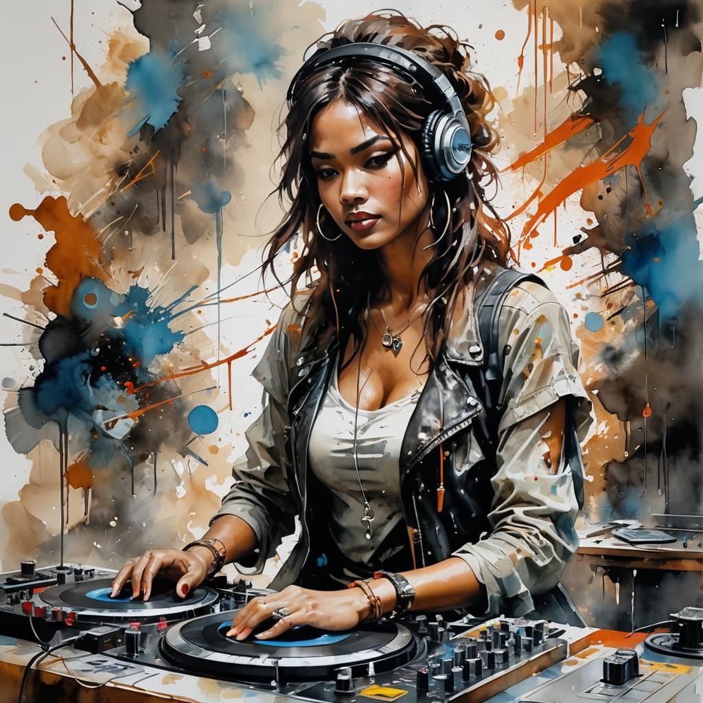 Laughing African DJ Girl in Vivid Watercolor