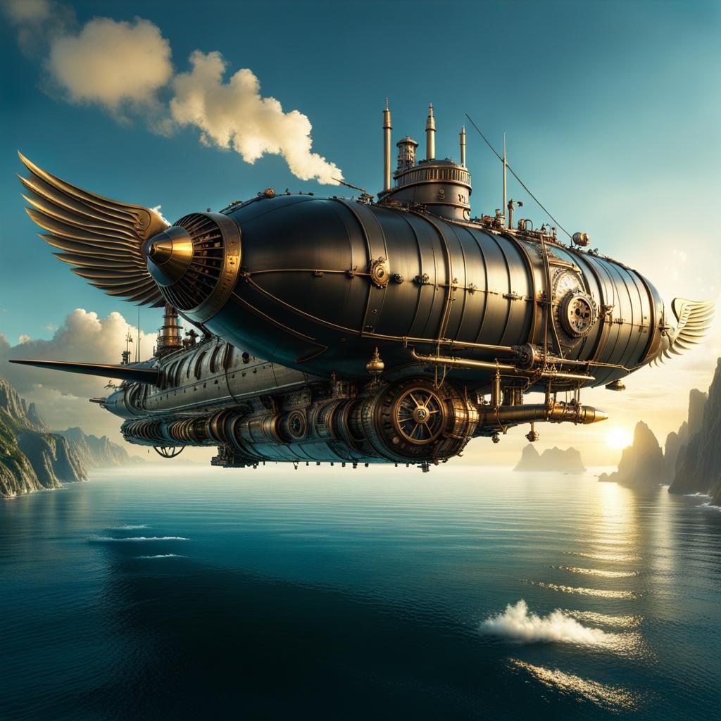 Flying Steampunk Submarine in Magic Realism
