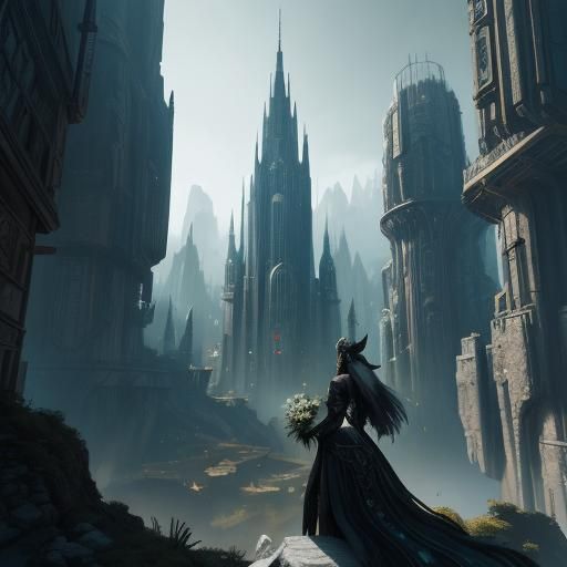 Elven Valley: Futuristic City and Castle in Cyberpunk Style