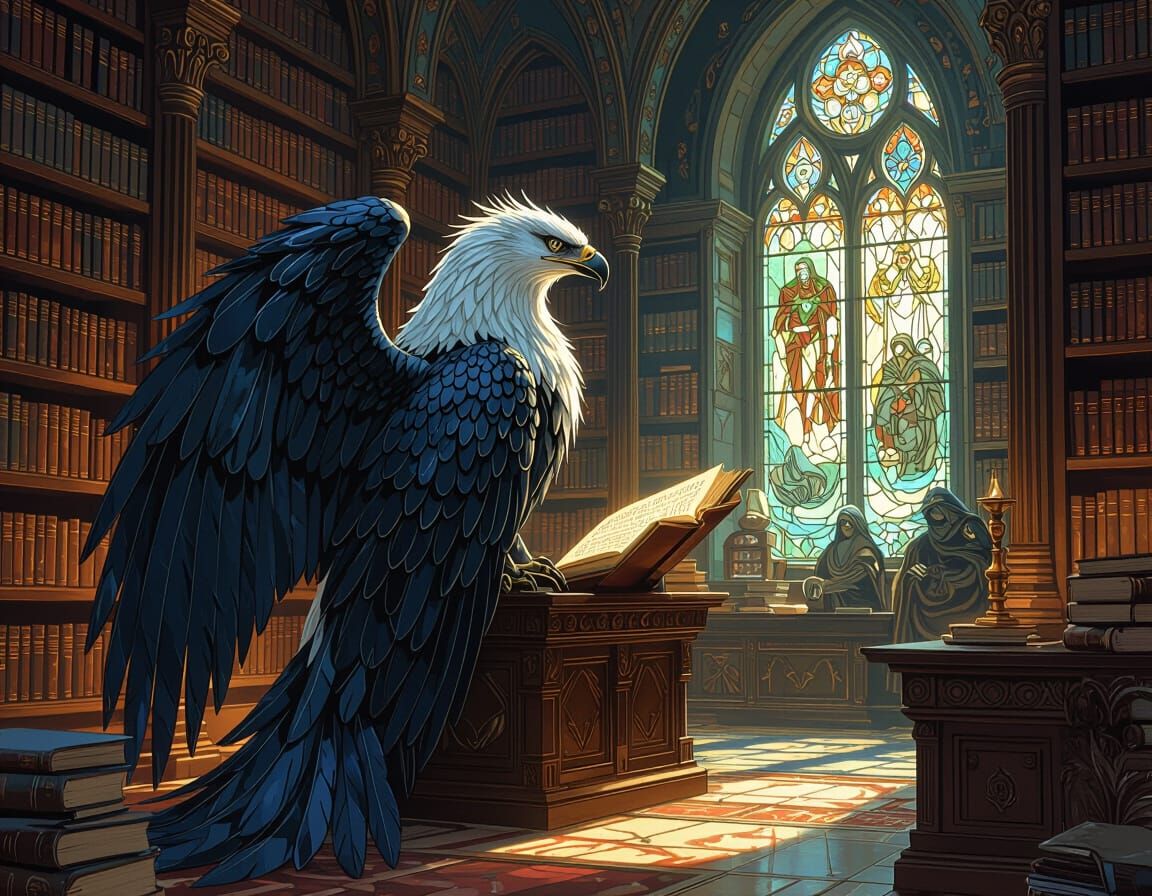 Griffin Guards Ancient Library with Glowing Tomes