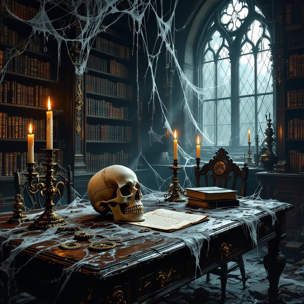 Steampunk Library Scene With Skull and Candles