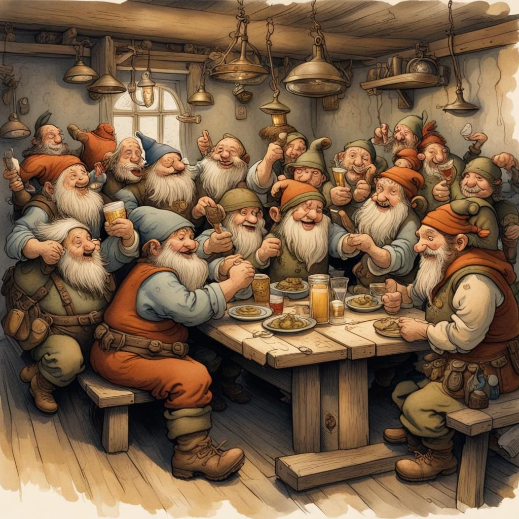 Dwarfs Celebrate in Mess Hall, Storybook Style