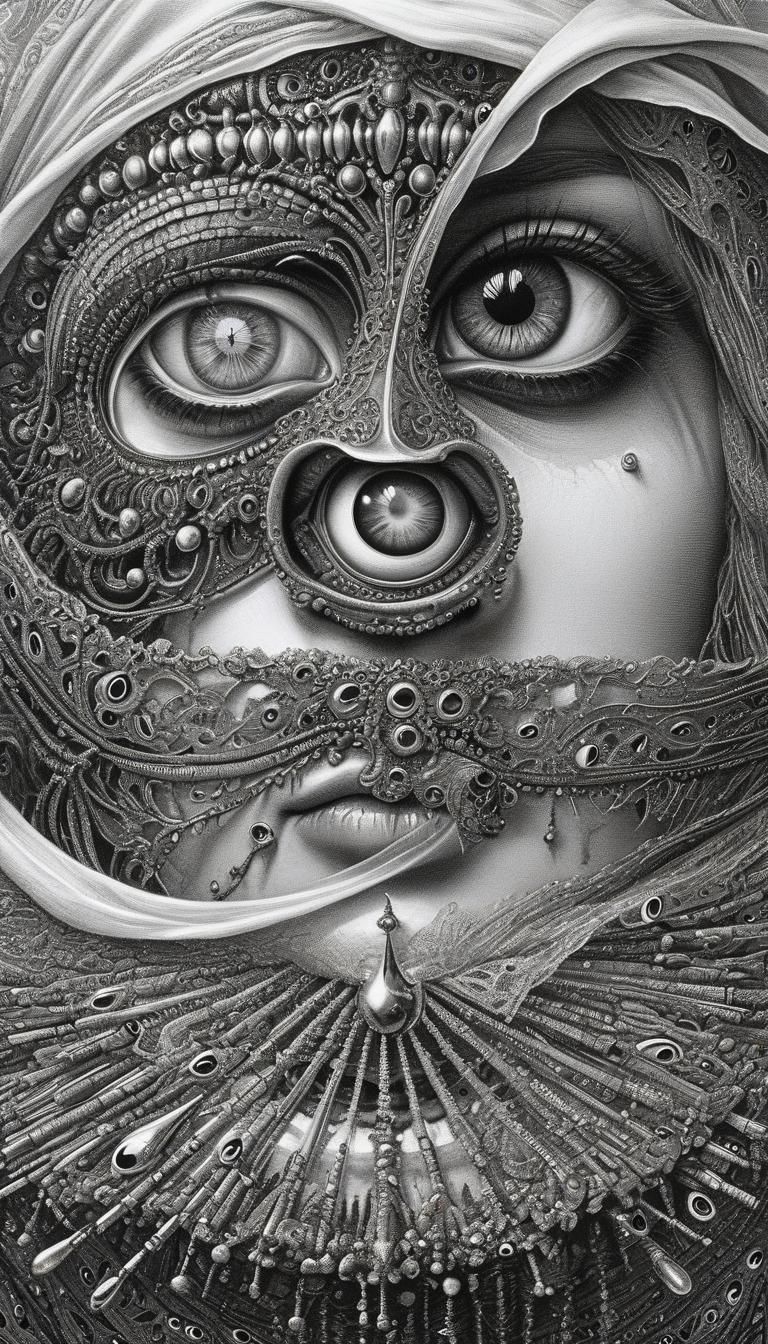 Surreal Pencil Drawing of Veiled Woman with Fractal Elements