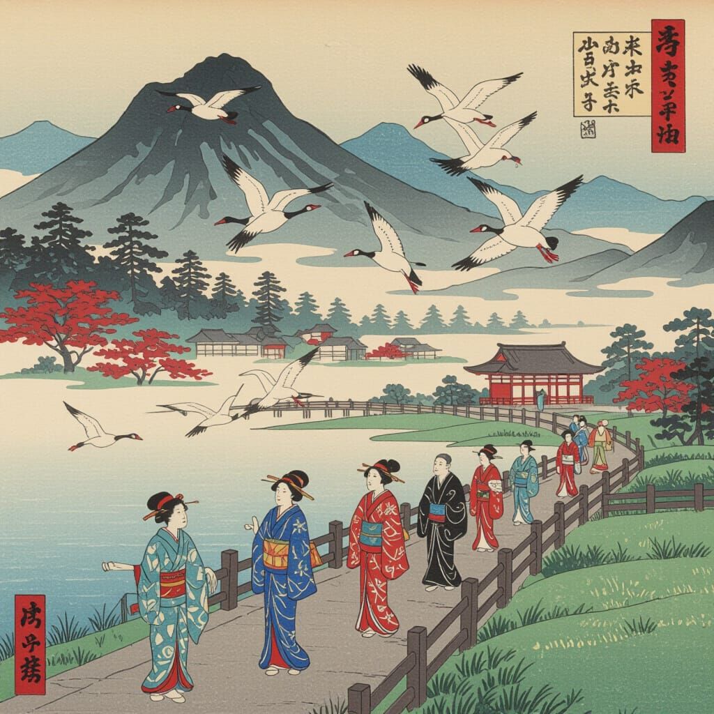 Ukiyo-e Image of Geese Flying Above Pilgrims