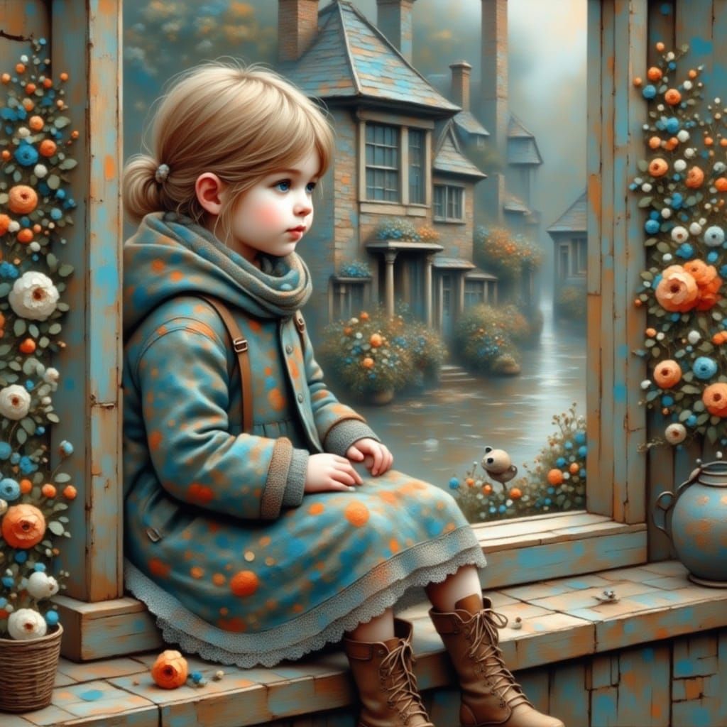 Whimsical Girl Watches Rainy Day Scene in Vintage Style