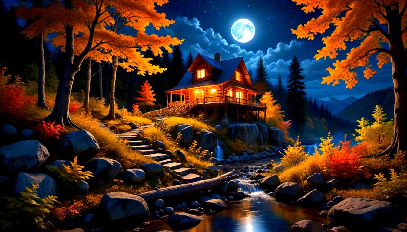 Magical Autumn Mountain Night with Bioluminescent Glow