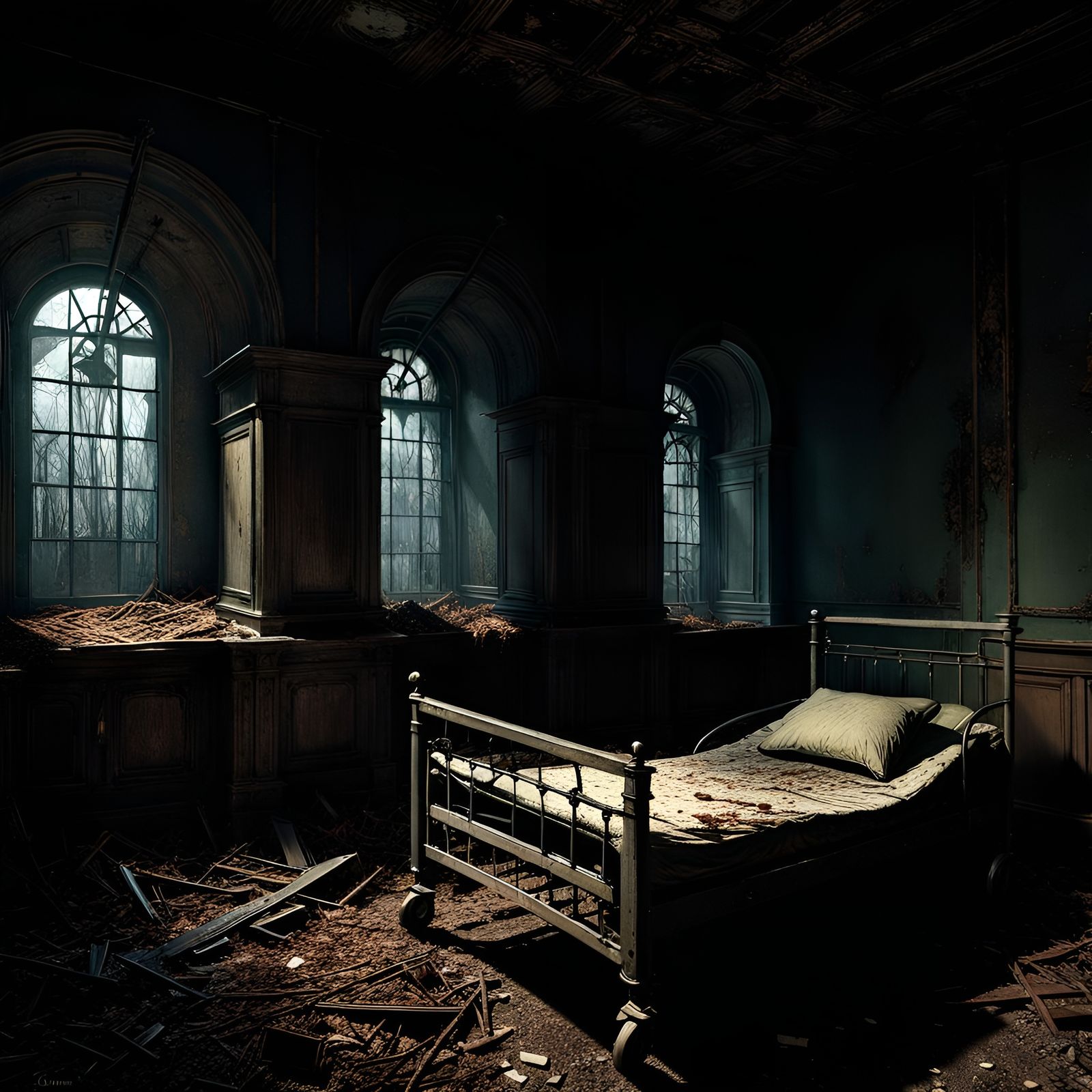 Decaying Asylum Interior in Horror Concept Art