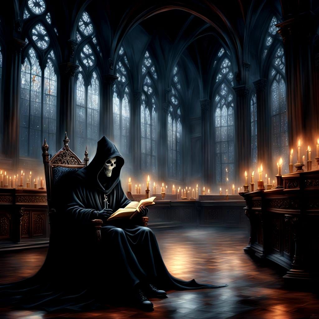 Grim Reaper Reading in Gothic Library