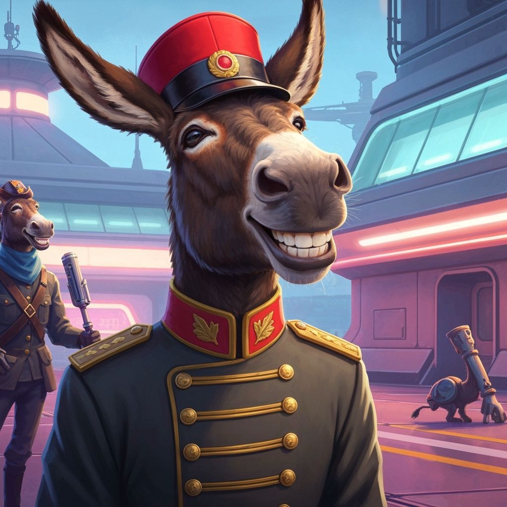 Donkey in Military Uniform Smiles in Sci-Fi Style