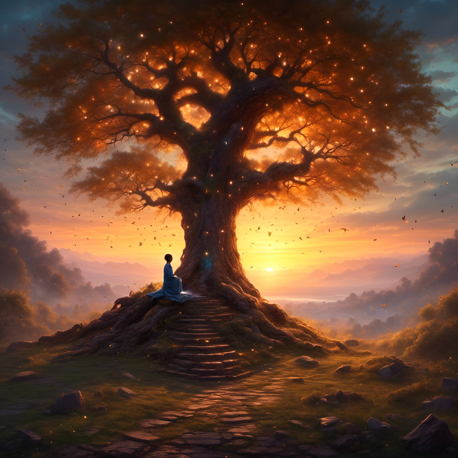 Meditative Sunset Under Oak Tree in Agnes Martin Style