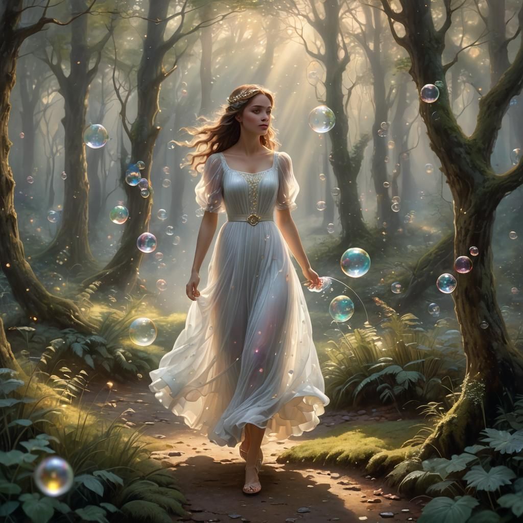Ethereal Girl Creates Bubbles in Misty Forest
