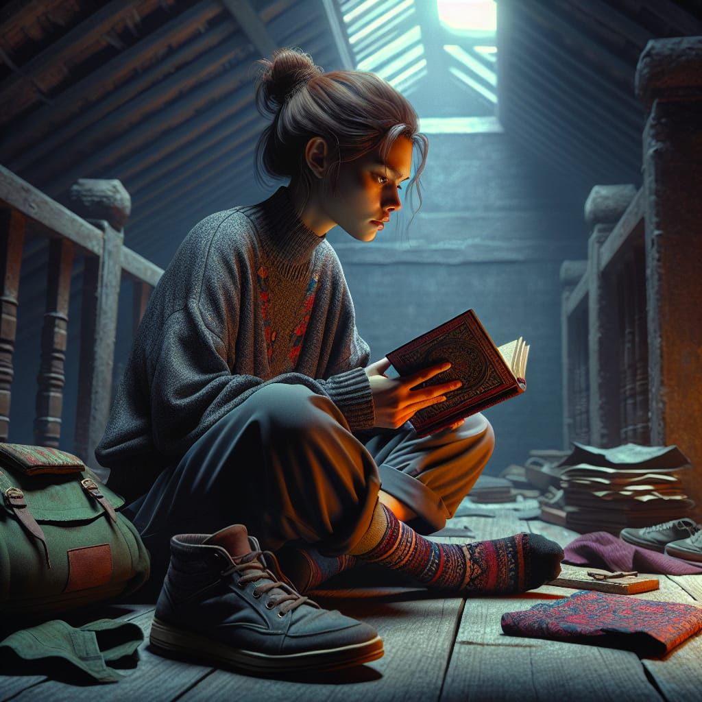 Young Woman Meditating in Spooky Attic: Dark Fantasy