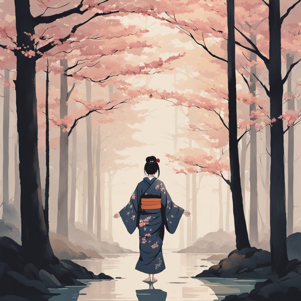 A Young Woman Walks in a Serene Japanese Forest at Dusk in V...