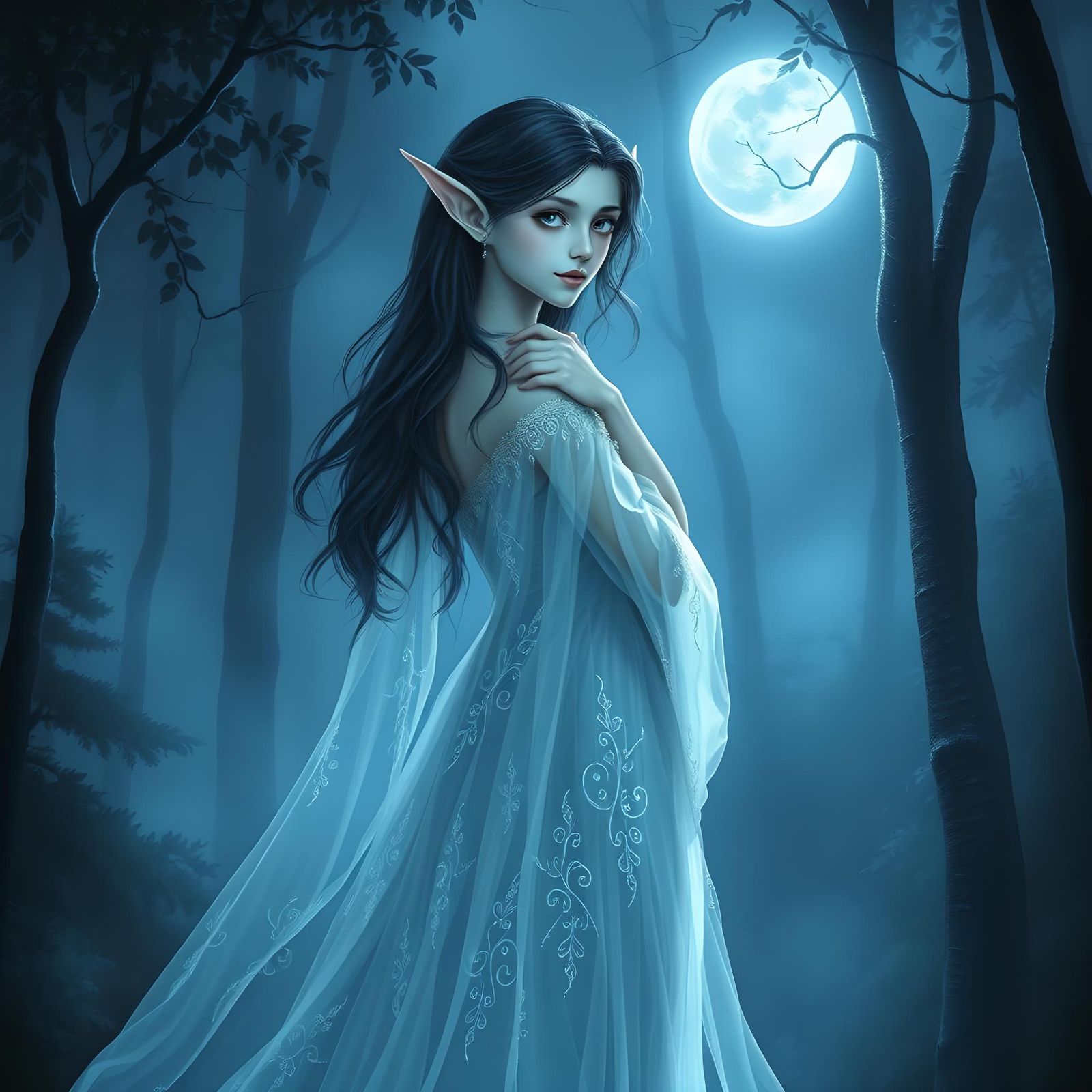 (Au naturel:1.5) female elf, in the woods, moonlight, blue, ...