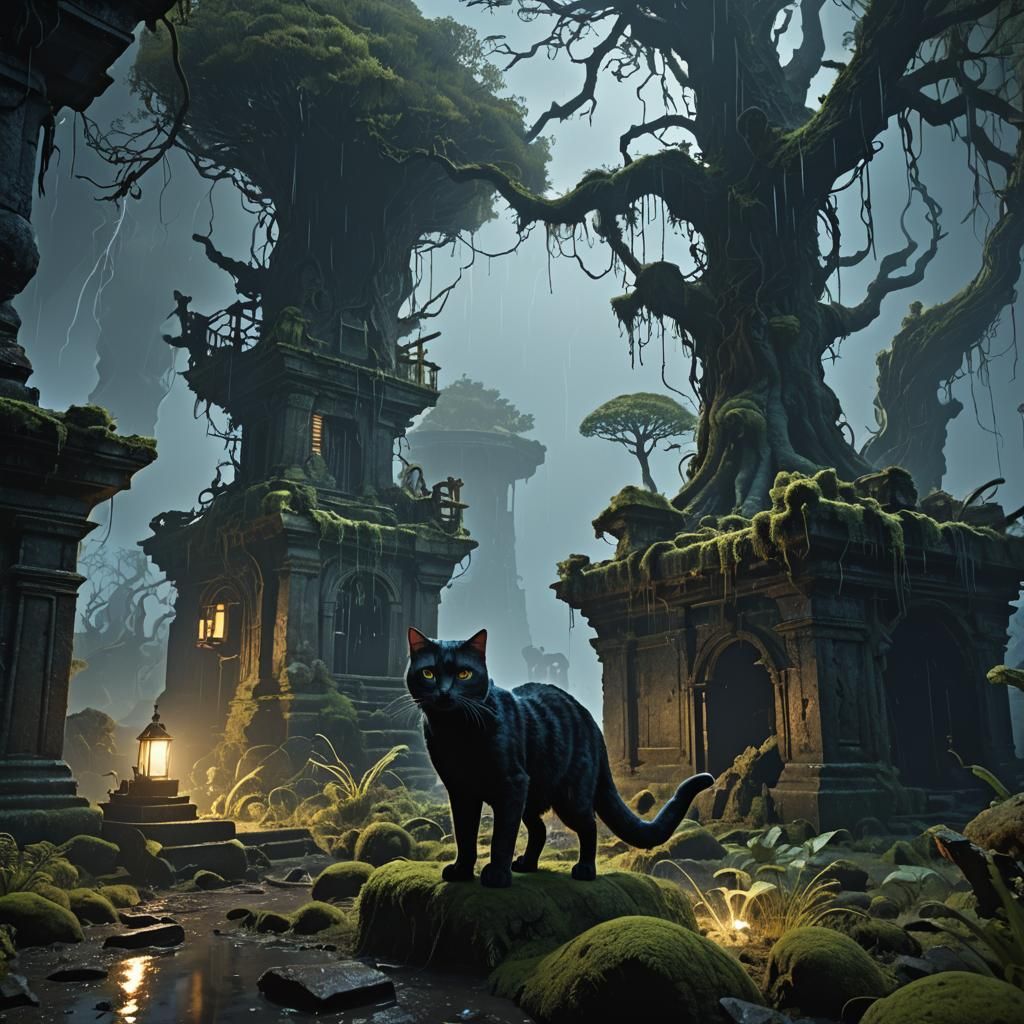 Feline Silhouette Escaping Storm in a Digital Art Style