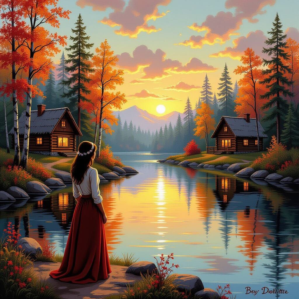 Autumn Riverside Serenity in Oil Painting Style
