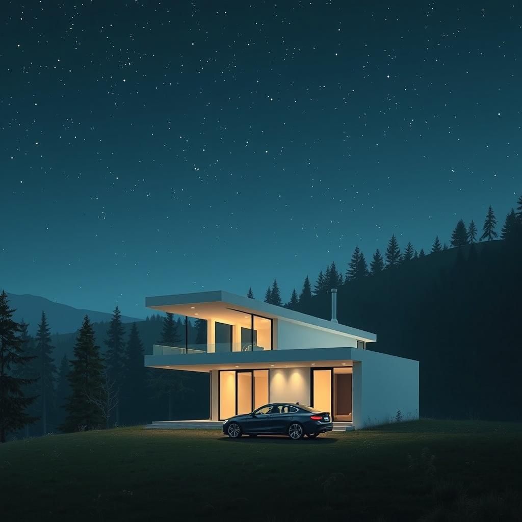 Minimalist Mountain Cottage Under Starry Sky