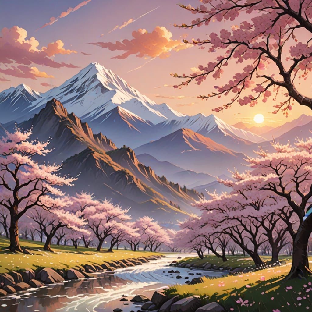 Cherry Blossom Sunset: Impressionist Landscape Concept Art
