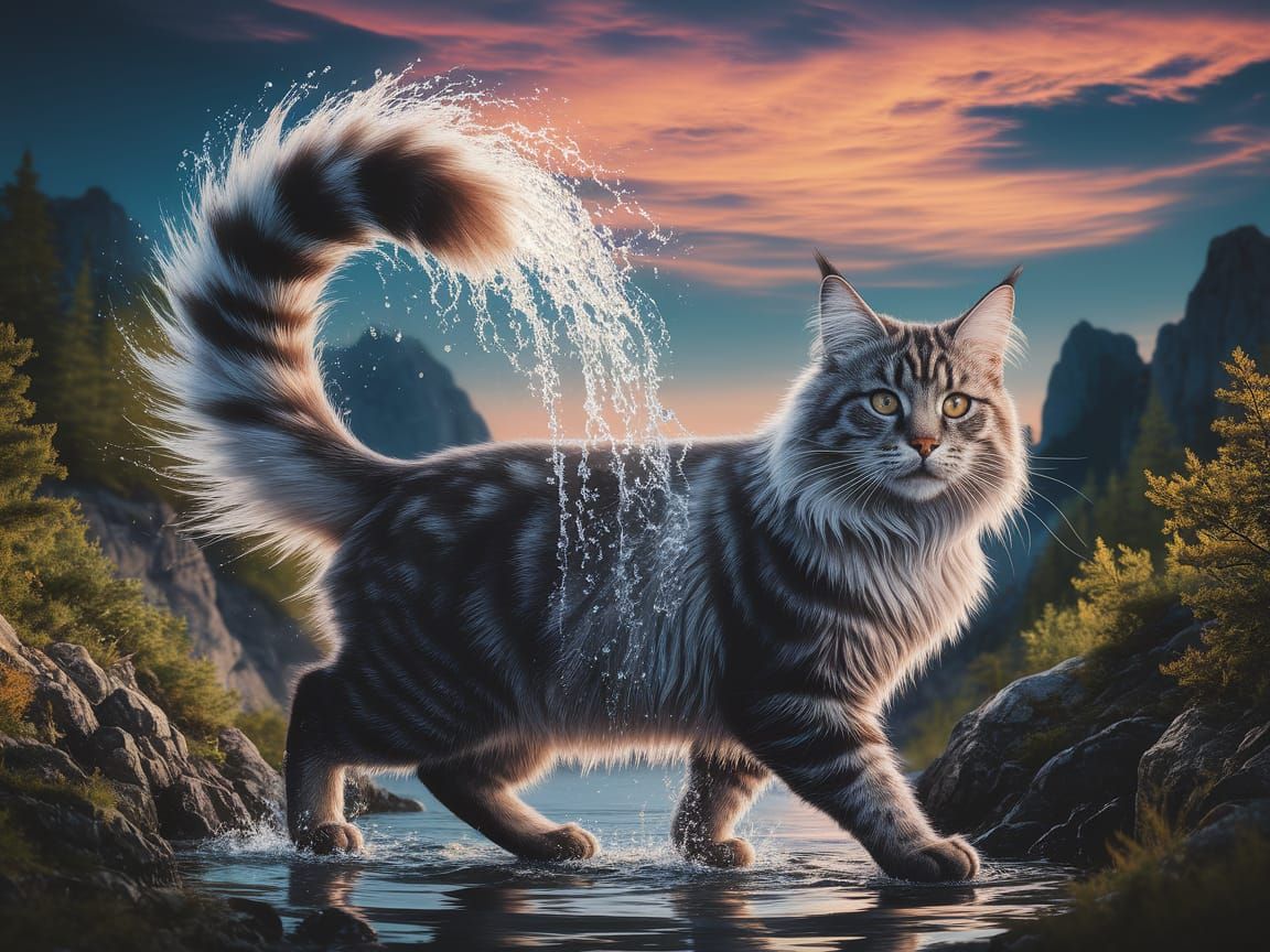 Waterfall Cat: Enchanted Norwegian Forest Landscape