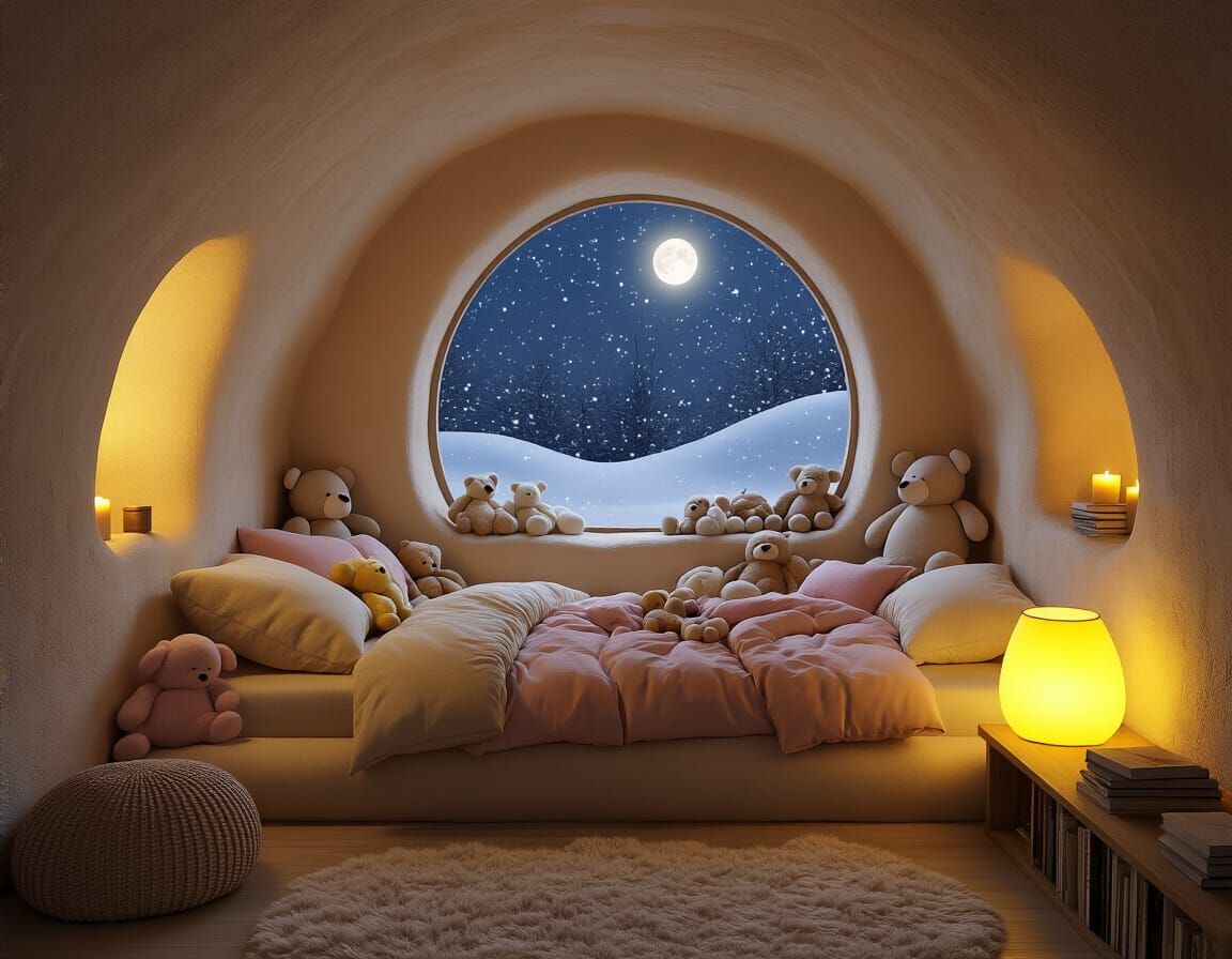 Cozy Cave Bedroom in Snowy Hillside with Warm Glow