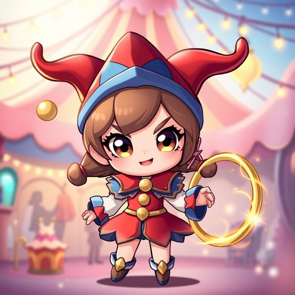 Chibi Jester Girl in Whimsical Carnival Scene