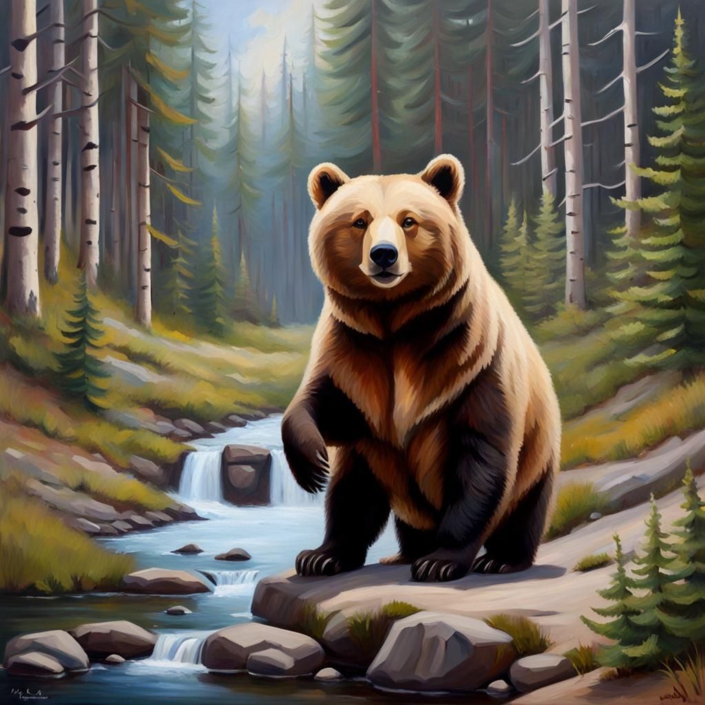 Little Bear on a Box in Oil Paint Style