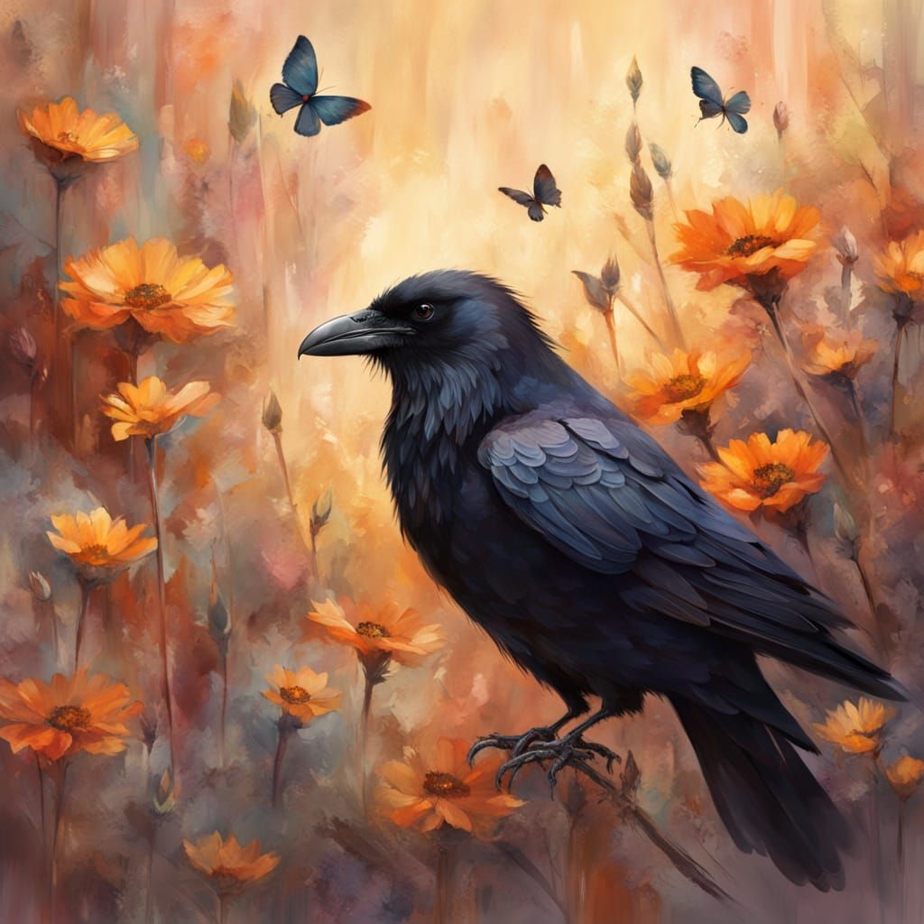 Black Raven with Glowing Flowers and Butterfly, Digital Pain...