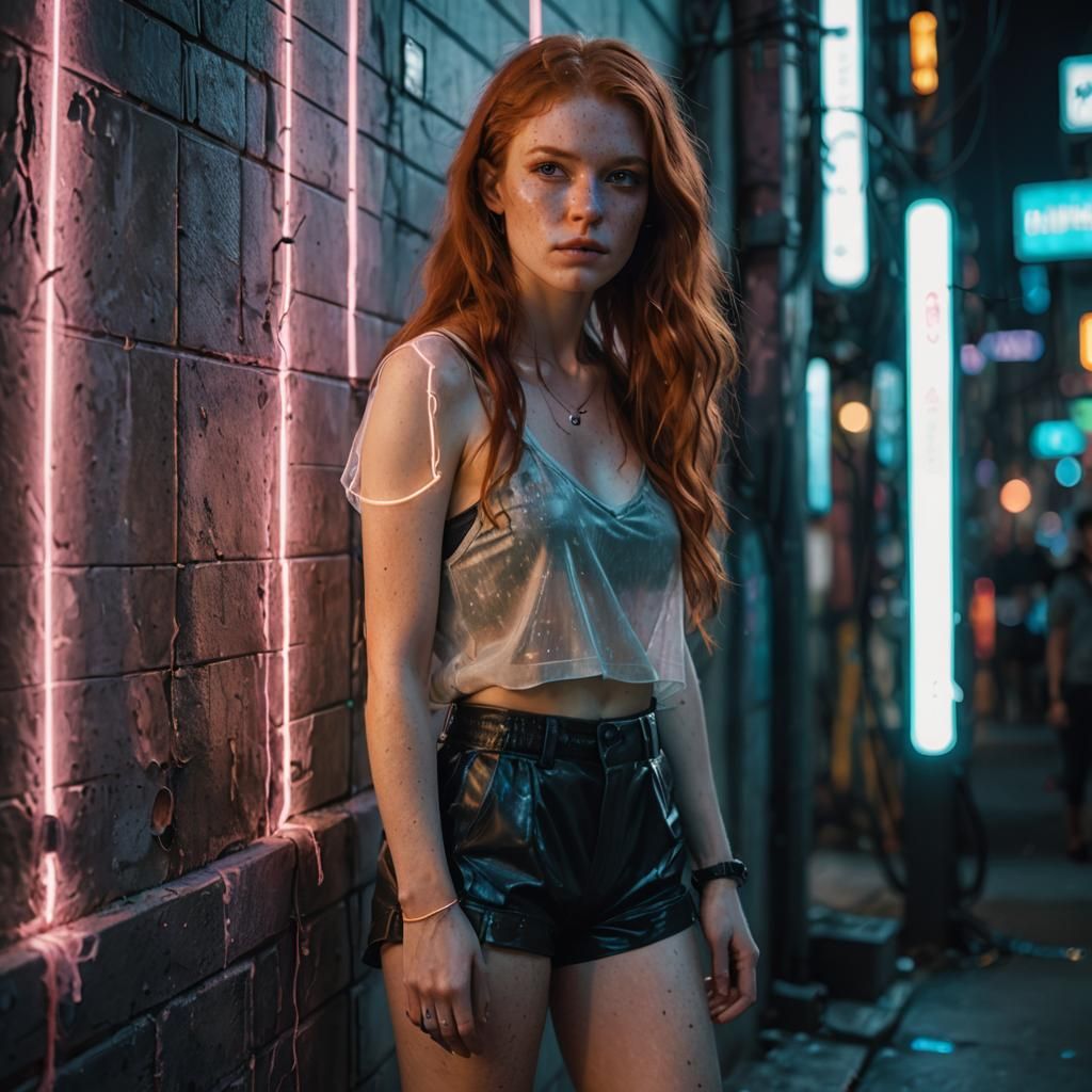 Redhead in Cyberpunk City with Neon Lights