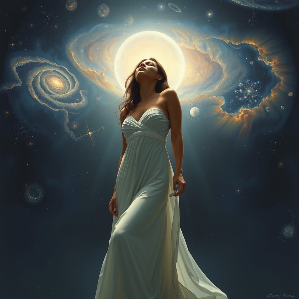 A Serene Goddess Connects with the Cosmos in a Starry Night ...