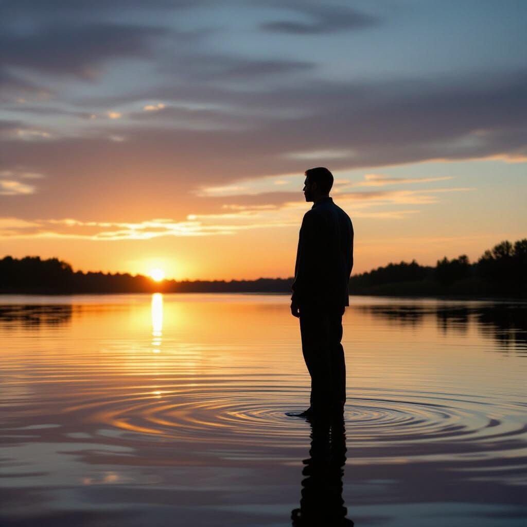 Man's Silhouette Reflection at Sunset