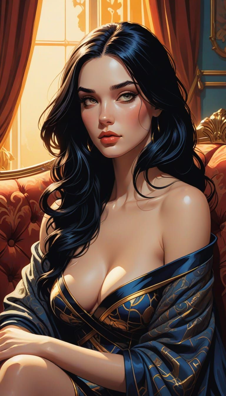Serene Comic Book Goddess with Velvet Drapery
