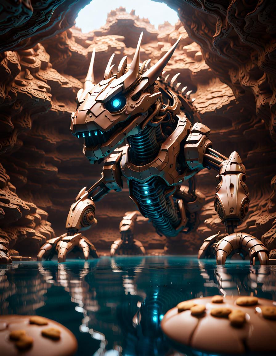 A robot dragon swims in the bottom of a giant grotto pool made of brown coffee, with cookie liliypads floating on it int...