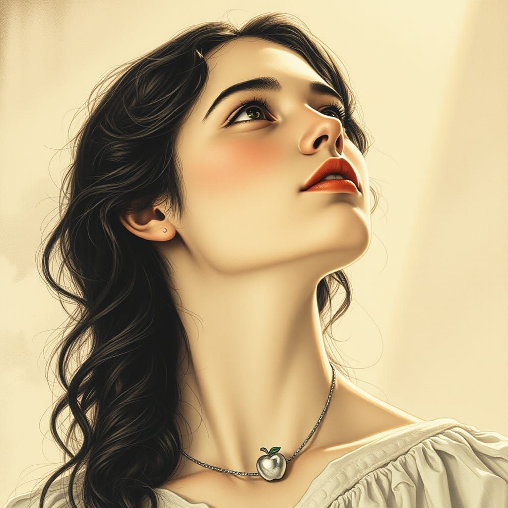 Ethereal Young Woman Adorns Herself with Silver Apple Neckla...