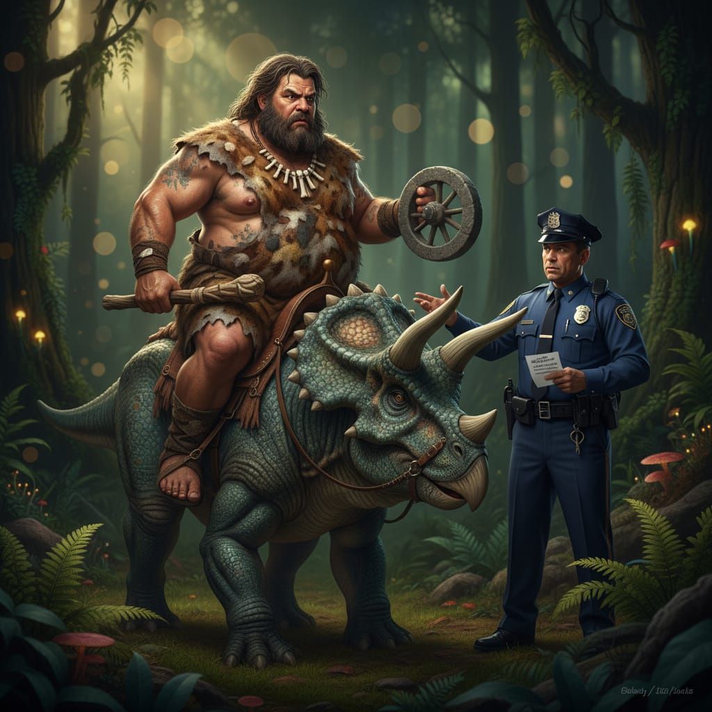 Caveman Gets Speeding Ticket From Policeman on Dinosaur
